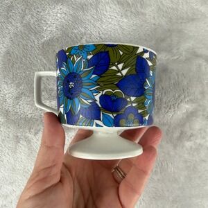 Retro Floral Footed Coffee Tea Cup Mug Blue Green Daisy Style
